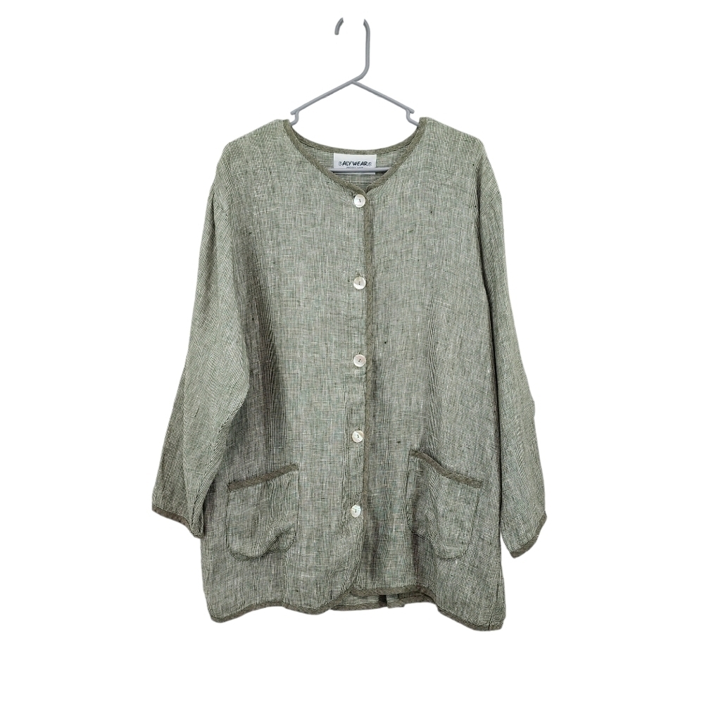 Aly Wear Women's 100% Linen Houndstooth Button Front Top Lagenlook- M